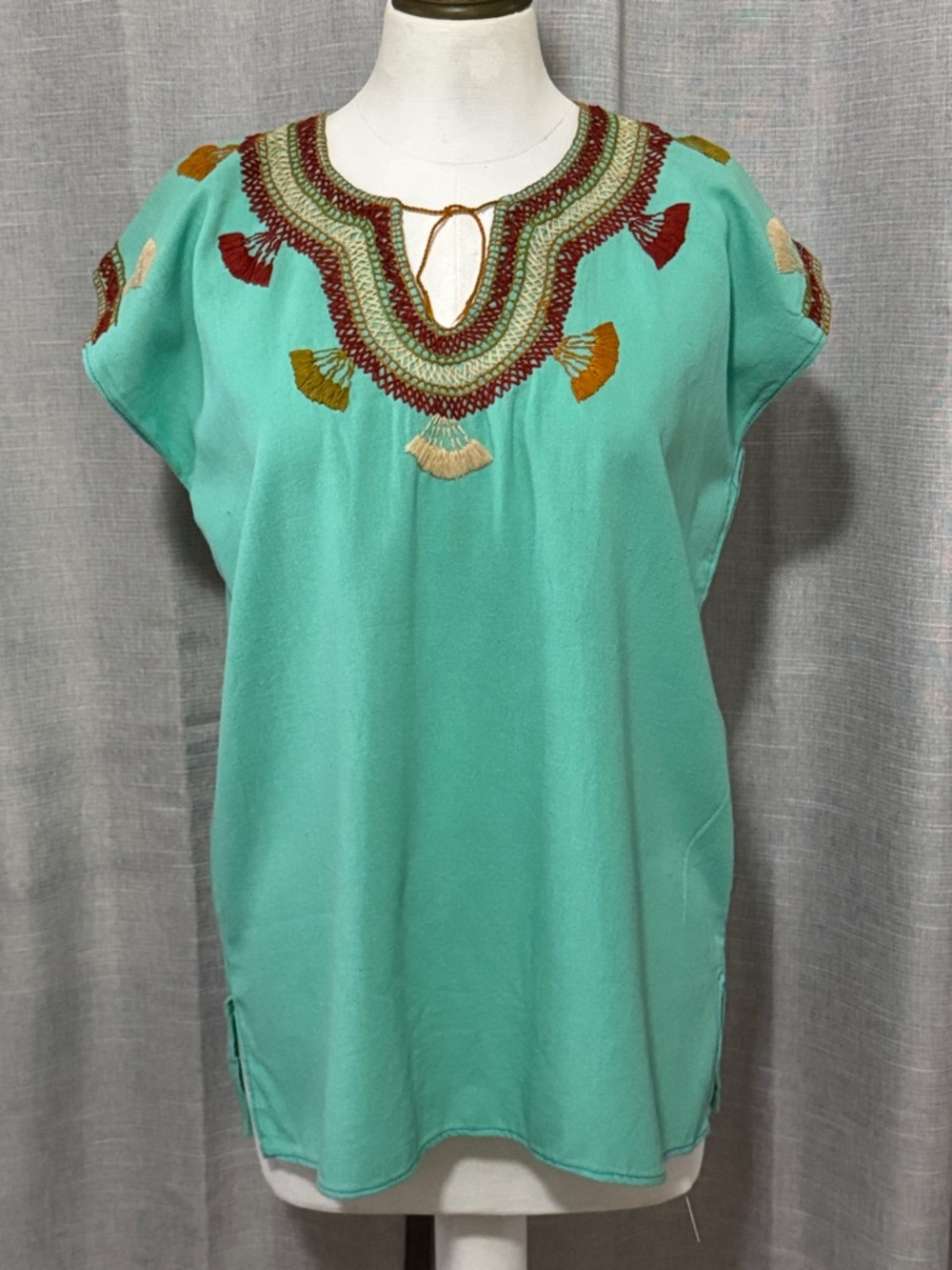 Handmade Bohemian Tunic Style Popover Blouse-SeaFoam Green-Embroidery Detail